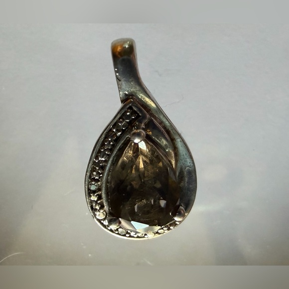 Smoky Quartz Pear Teardrop with CZ Accent Vintage Inspired Necklace - Picture 2 of 5